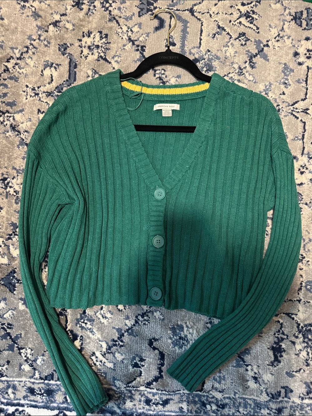 American Eagle Teal Ribbed V-Neck Button-Front Cropped Cardigan